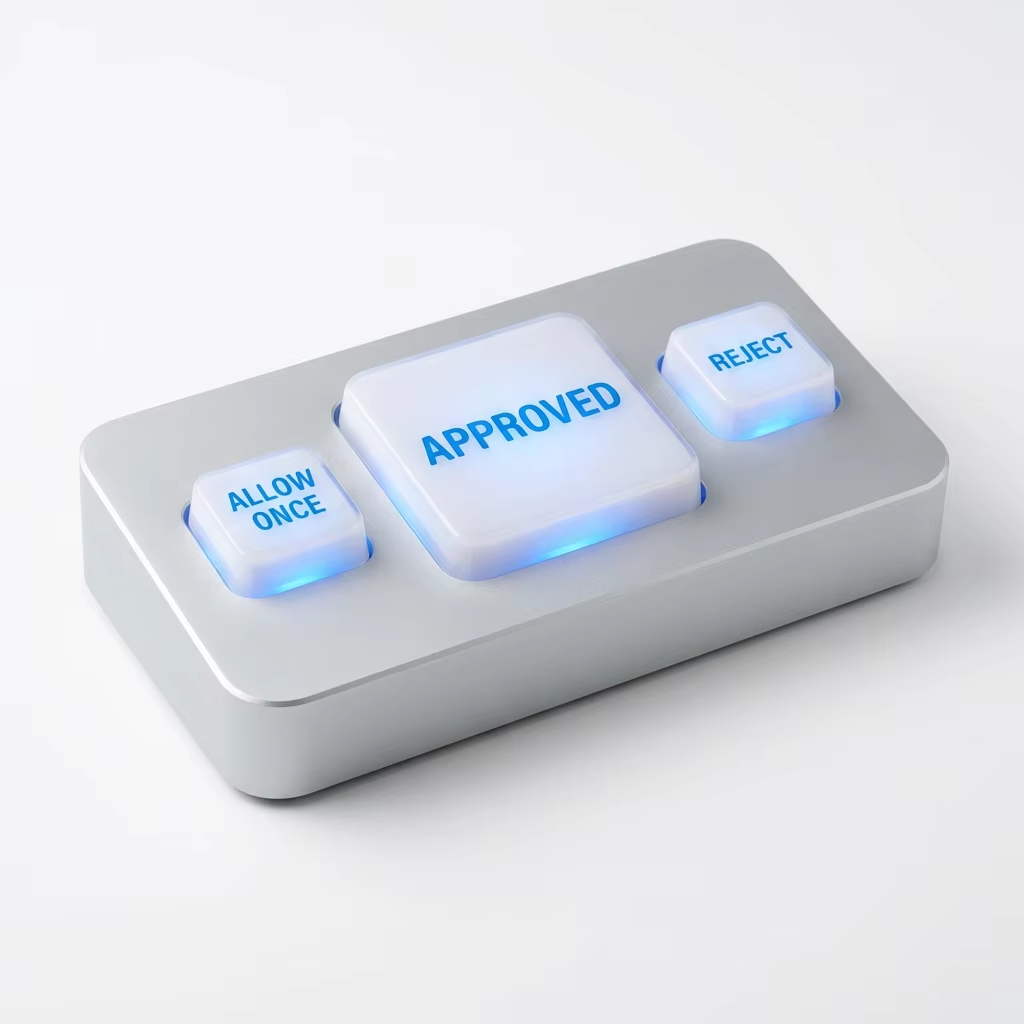 The Approve Button — enterprise-grade AI ratification device with blue LED glow